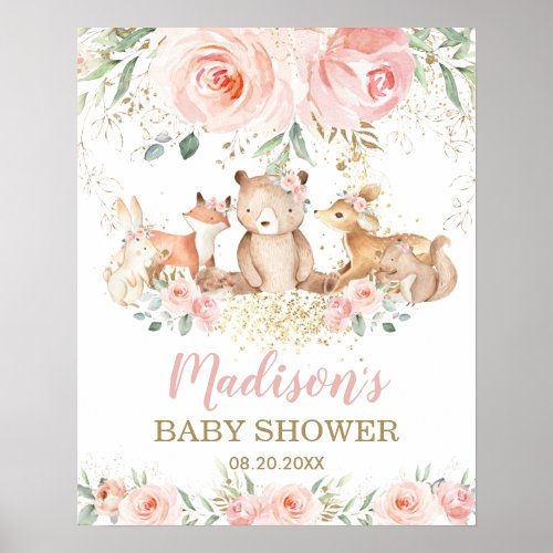 Woodland Animals Pink Floral Baby Shower Welcome Poster