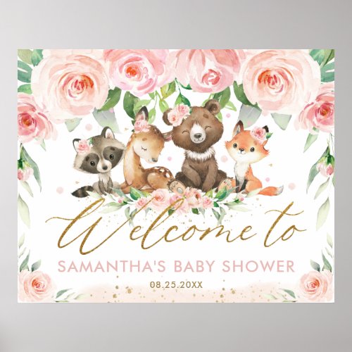 Woodland Animals Pink Floral Baby Shower Welcome  Poster