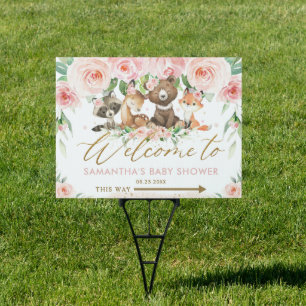 Woodland Animals Pink Floral Baby Shower Yard Sign