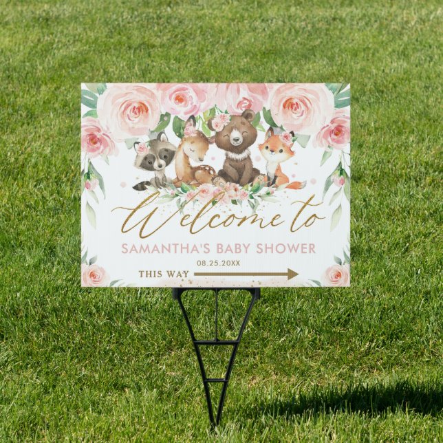 Woodland Animals Pink Floral Baby Shower Yard Sign (Insitu)