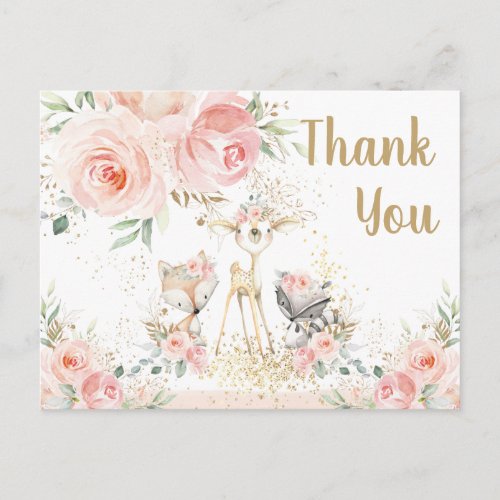 Woodland Animals Pink Floral Baby Thank You Postcard