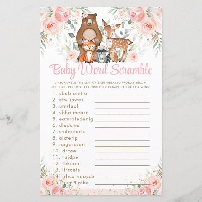 Woodland Animals Pink Floral Baby Word Scramble (Front)