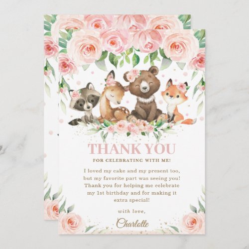 Woodland Animals Pink Floral Birthday Baby Shower  Thank You Card