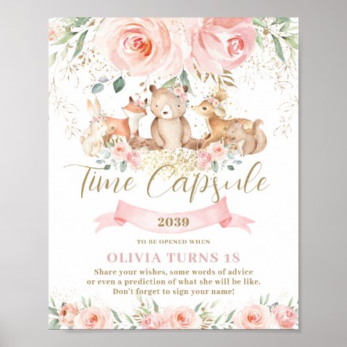 Woodland Animals Pink Floral Birthday Time Capsule Poster