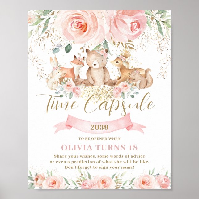 Woodland Animals Pink Floral Birthday Time Capsule Poster (Front)