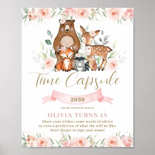 Woodland Animals Pink Floral Birthday Time Capsule Poster