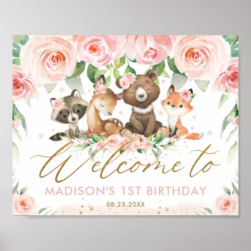 Woodland Animals Pink Floral Birthday Welcome  Poster