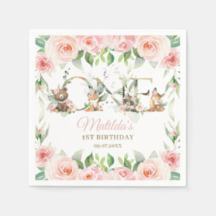 Woodland Animals Pink Floral Girl 1st Birthday Napkins