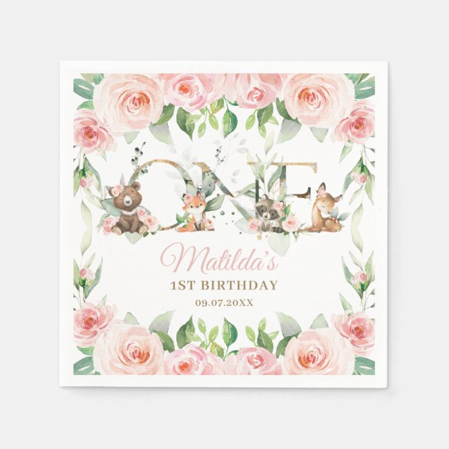 Woodland Animals Pink Floral Girl 1st Birthday  Napkins (Front)