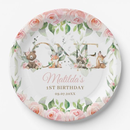 Woodland Animals Pink Floral Girl 1st Birthday  Paper Plates