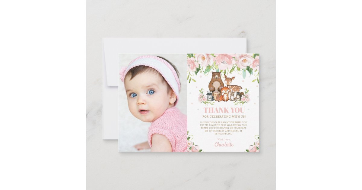 Woodland Animals Pink Floral Girl 1st Birthday Thank You Card | Zazzle