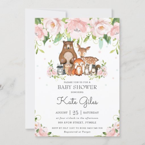 Woodland Animals Pink Floral Girl Baby Shower Invitation | Zazzle