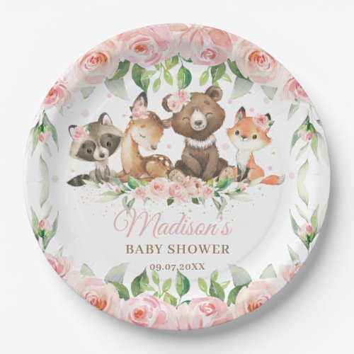 Woodland Animals Pink Floral Girl Baby Shower  Paper Plates