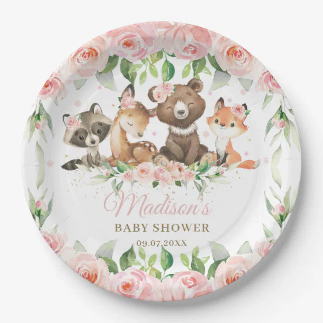 Woodland Animals Pink Floral Girl Baby Shower Paper Plates | Zazzle