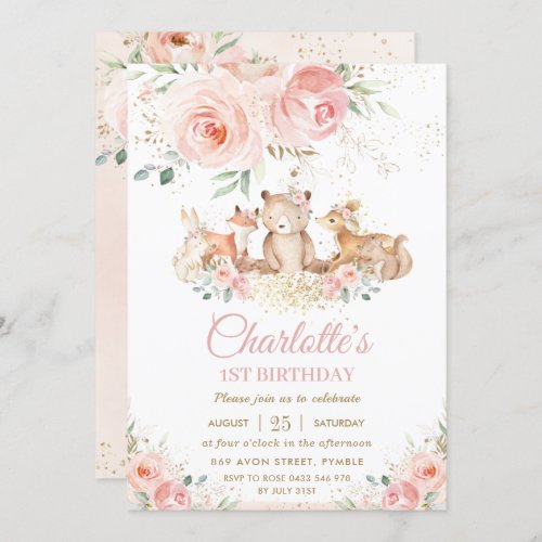 Woodland Animals Pink Floral Gold Girl Birthday  Invitation