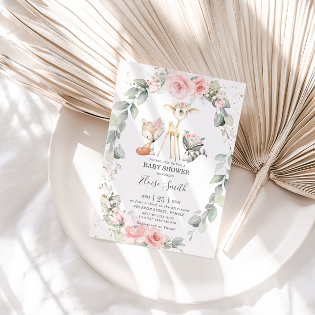 Woodland Animals Pink Floral Greenery Baby Shower Invitation (Creator Uploaded)