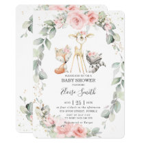 Woodland Animals Pink Floral Greenery Baby Shower Invitation Woodland Animals Pink Floral Greenery Baby Shower Invitation