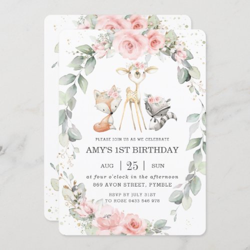 Woodland Animals Pink Floral Greenery Birthday Invitation