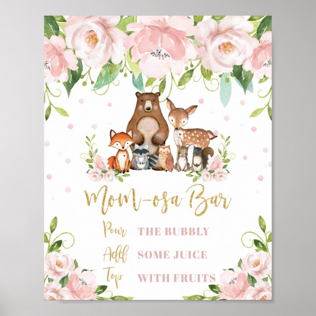Woodland Animals Pink Floral Mom-osa Bar Mimosa Poster (Front)