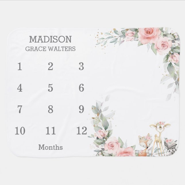 Woodland Animals Pink Floral Monthly Milestone Baby Blanket (Horizontal)