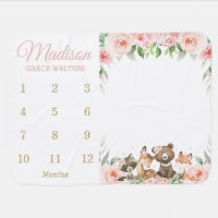 Woodland Animals Pink Floral Monthly Milestone Baby Blanket