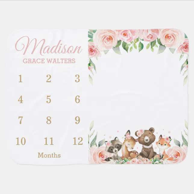 Woodland Animals Pink Floral Monthly Milestone Baby Blanket | Zazzle