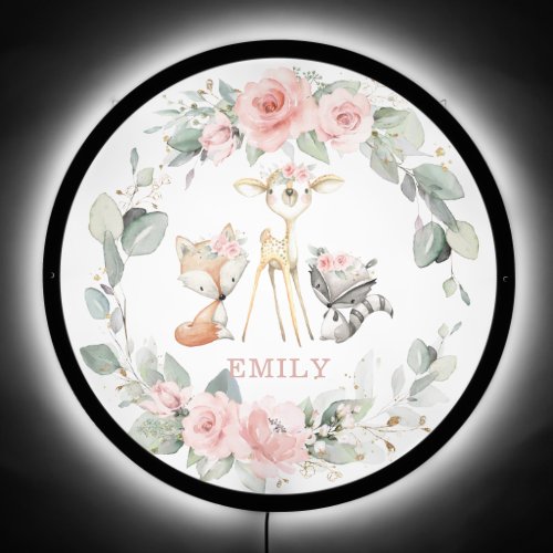 Woodland Animals Pink Floral Nursery Wall  LED Sign