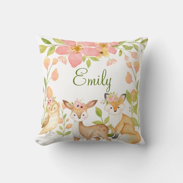 Woodland Animals Pink Floral Personalized  Throw Pillow (Front)