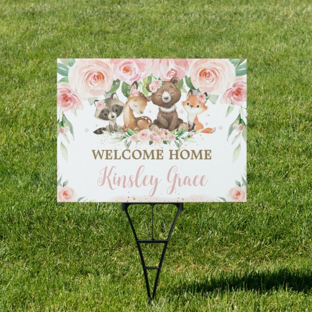 Woodland Animals Pink Floral Welcome Baby Yard Sign (Insitu)