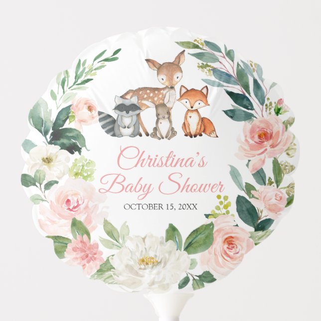 Woodland Animals & Pink Flowers Baby Shower Balloon (Front)