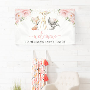 Woodland Animals, Pink Flowers, Baby Shower Banner