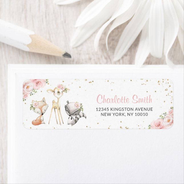 Woodland Animals, Pink Flowers, Baby Shower Label (Insitu)