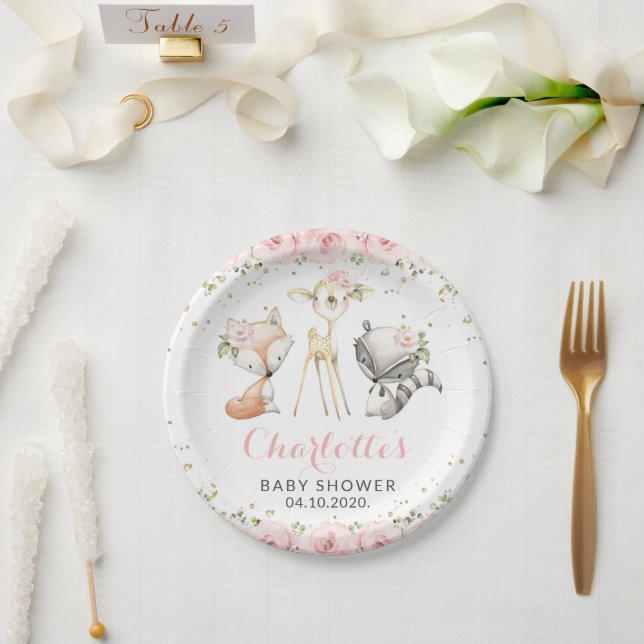 Woodland Animals, Pink Flowers, Baby Shower Paper Plates (Wedding)