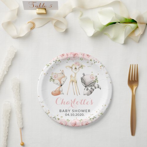Woodland Animals Pink Flowers Baby Shower Paper Plates