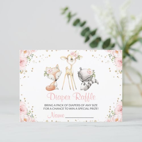 Woodland Animals Pink Flowers Diaper Raffle Enclosure Card