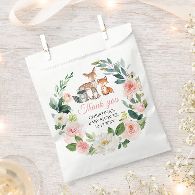 Woodland Animals & Pink Flowers Shower Favor Bag (Clipped)