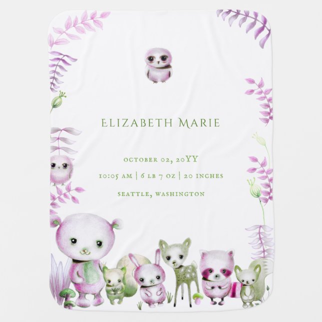 Woodland Animals Pink Girl Baby Shower Birth Stats Baby Blanket (Front)
