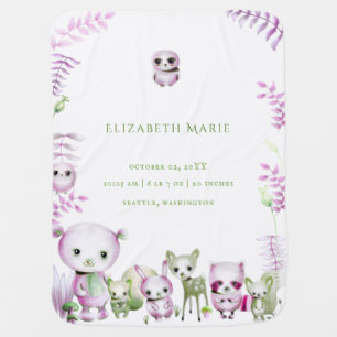 Woodland Animals Pink Girl Baby Shower Birth Stats Blanket