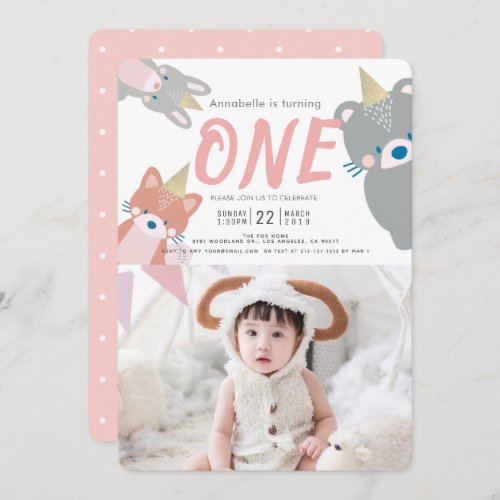 Woodland Animals Pink Girl Photo 1st Birthday Invitation