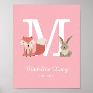 Woodland Animals Pink Initial Monogram Nursery Poster