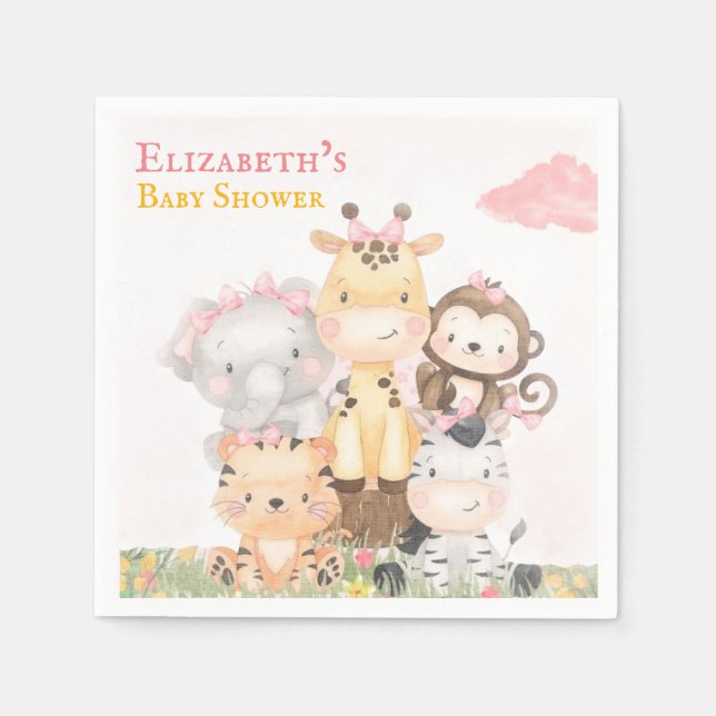Woodland Animals | Pink Painted Girl Baby Shower Napkins (Front)