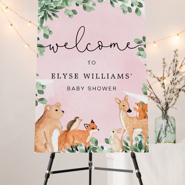 Woodland Animals Pink Welcome Foam Board Sign (In Situ (Stand))