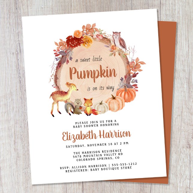 Woodland Animals Pumpkin Baby Shower Invitation (Celebrate the upcoming arrival of your sweet little autumn baby with a pumpkin-themed baby shower)