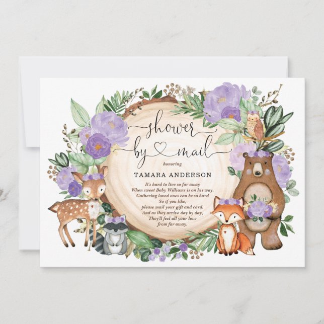 Woodland Animals Purple Floral Baby Shower By Mail Invitation (Front)