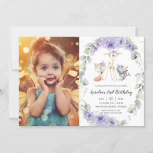 Woodland Animals Purple Floral Greenery Birthday Invitation