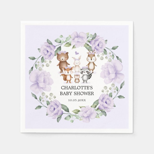 Woodland Animals Purple Floral Wreath Baby Girl Napkins (Front)