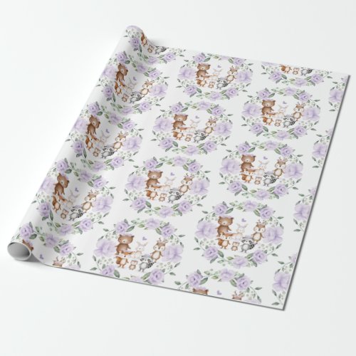 Woodland Animals Purple Floral Wreath Birthday Wrapping Paper