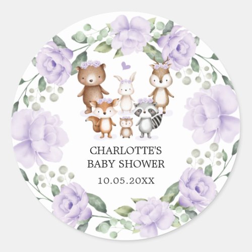 Woodland Animals Purple Flower Wreath Baby Girl Classic Round Sticker