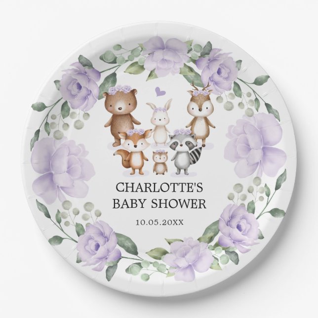 Woodland Animals Purple Flower Wreath Baby Girl Paper Plates (Front)