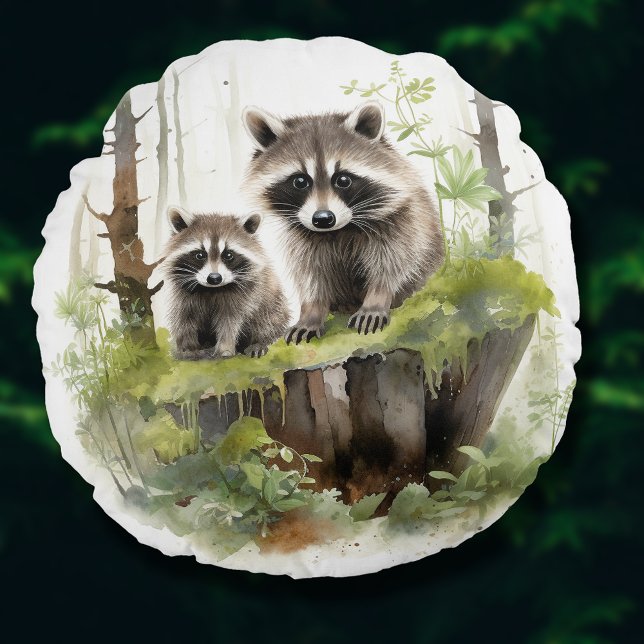 Woodland Animals Raccoons Nursery Kids Room Decor Round Pillow (Woodland Animals Raccoons Nursery Kids Room Decor Round Pillow)